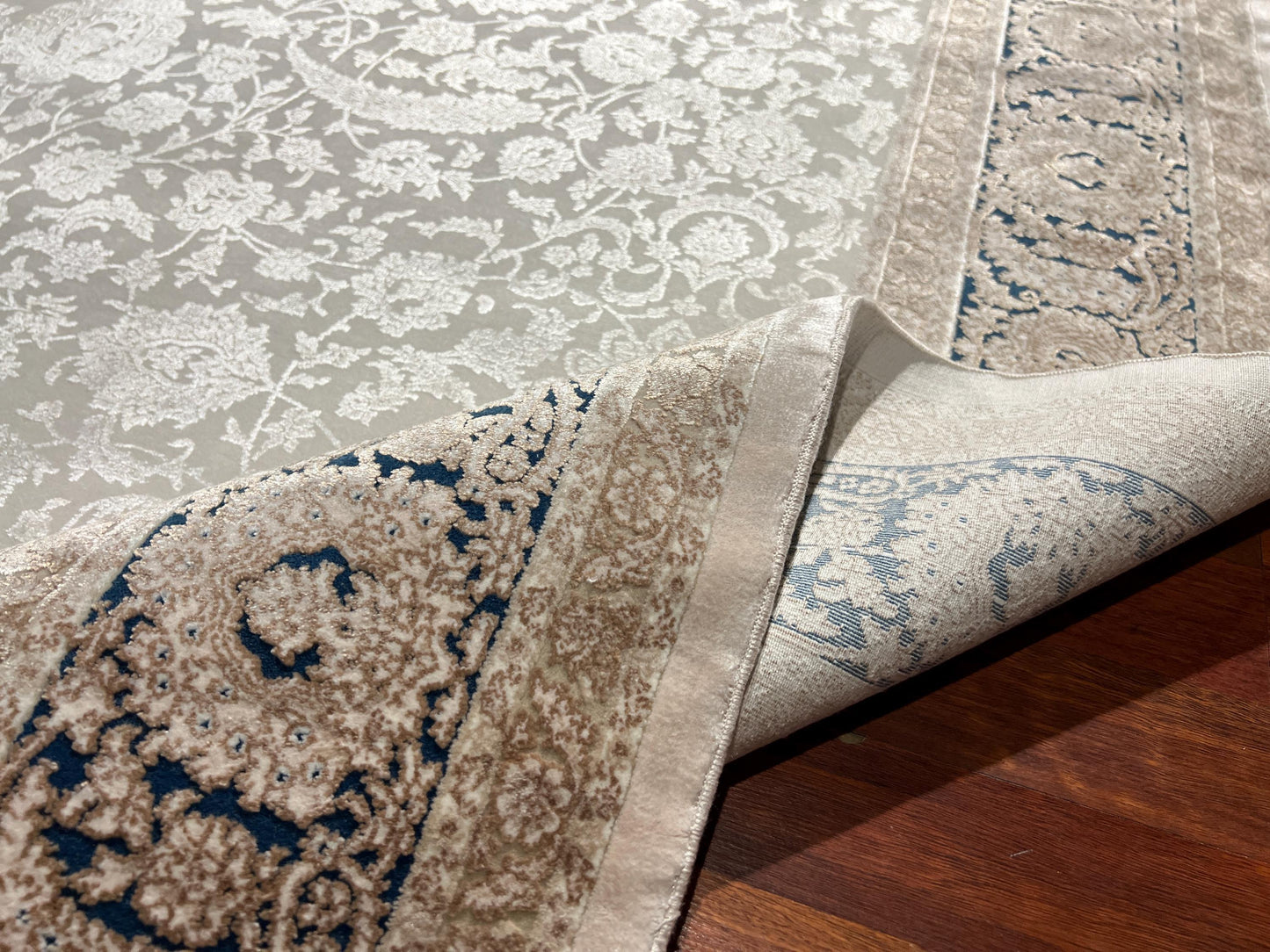5x8 White Blue Bamboo Rug, Classic Palace Area Rug, Luxury Living Room Carpet, Elegant Office Rug