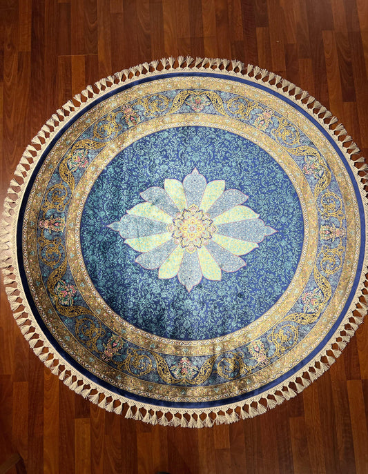5x5 Blue Round Silk Rug, Circle Rug, Floral Medallion Rug, Turkish Round Rug, Luxury Silk Rug, Home Decor Rug