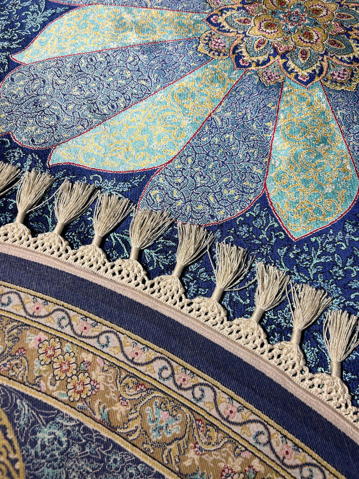5x5 Blue Round Silk Rug, Circle Rug, Floral Medallion Rug, Turkish Round Rug, Luxury Silk Rug, Home Decor Rug