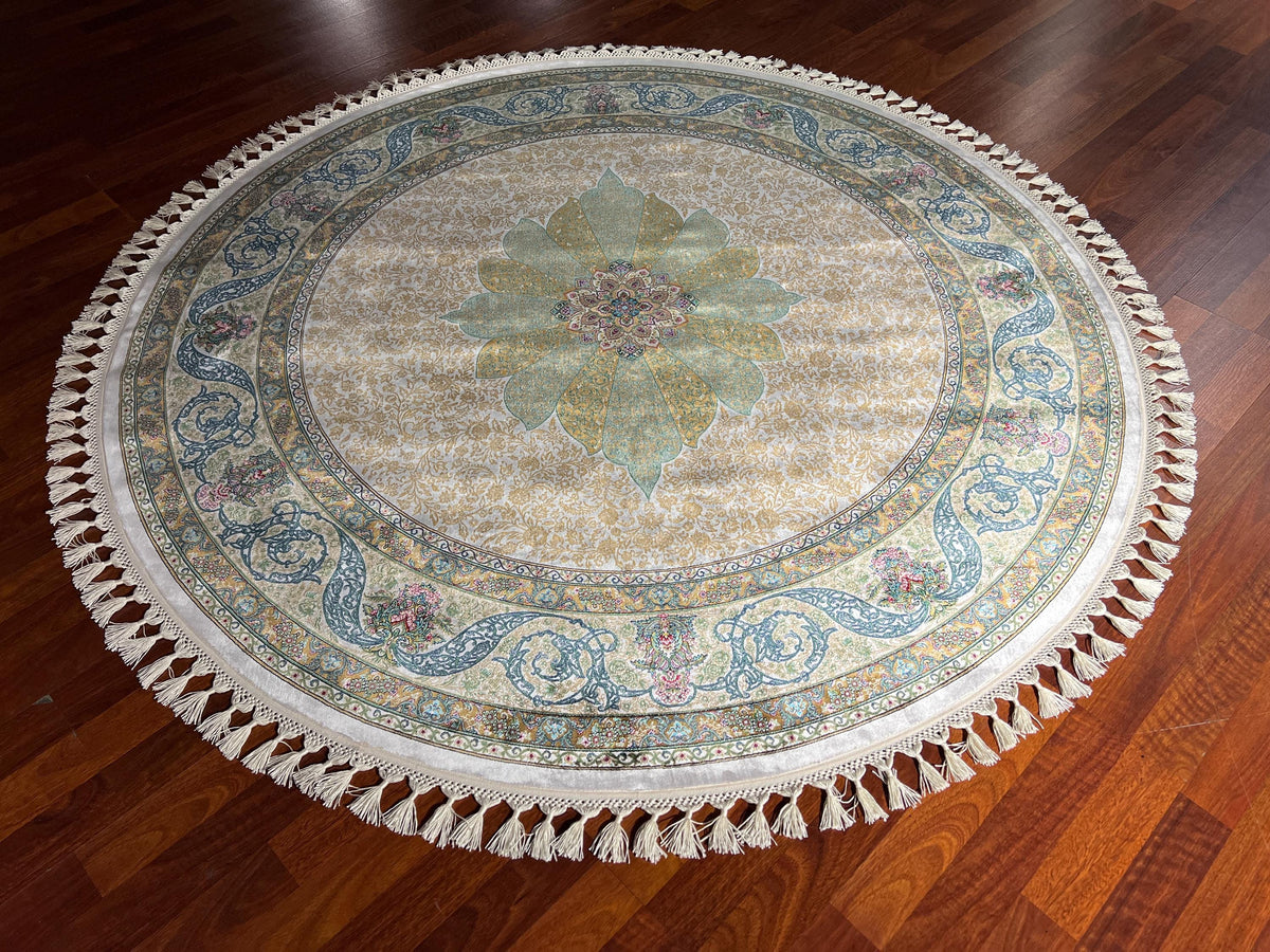 5x5ft Beige Green Round Silk Rug, Circle Rug 5x5, Floral Medallion Rug, Luxury Silk Rug, Turkish Round Rug, Home Decor Rug
