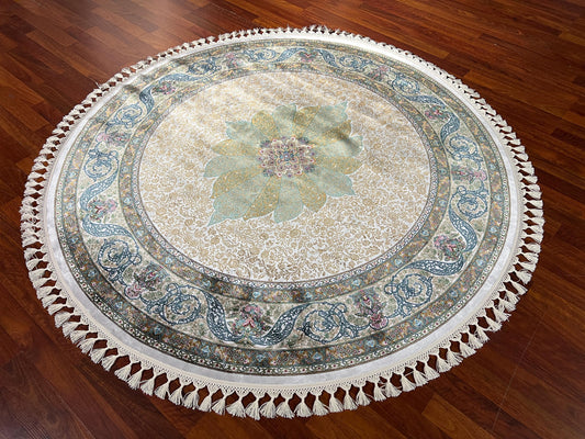 5x5ft Beige Green Round Silk Rug, Circle Rug 5x5, Floral Medallion Rug, Luxury Silk Rug, Turkish Round Rug, Home Decor Rug
