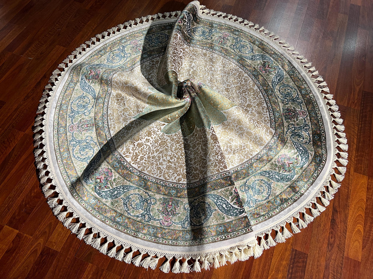 5x5ft Beige Green Round Silk Rug, Circle Rug 5x5, Floral Medallion Rug, Luxury Silk Rug, Turkish Round Rug, Home Decor Rug