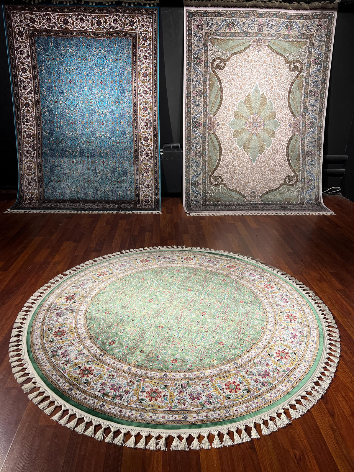 Green Beige Round Silk Rug, Circle Rug 5x5, Floral Medallion Rug, Luxury Silk Rug, Turkish Round Rug, Home Decor Rug