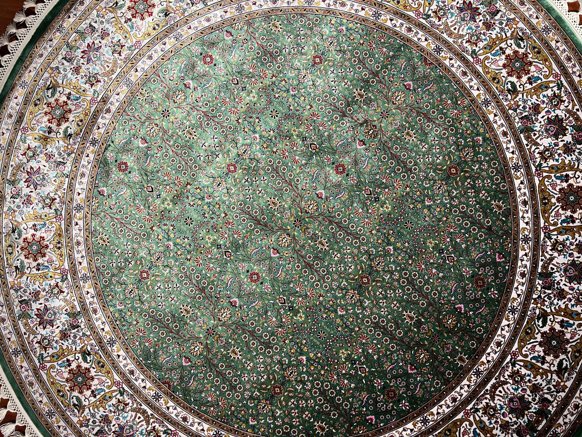 Green Beige Round Silk Rug, Circle Rug 5x5, Floral Medallion Rug, Luxury Silk Rug, Turkish Round Rug, Home Decor Rug