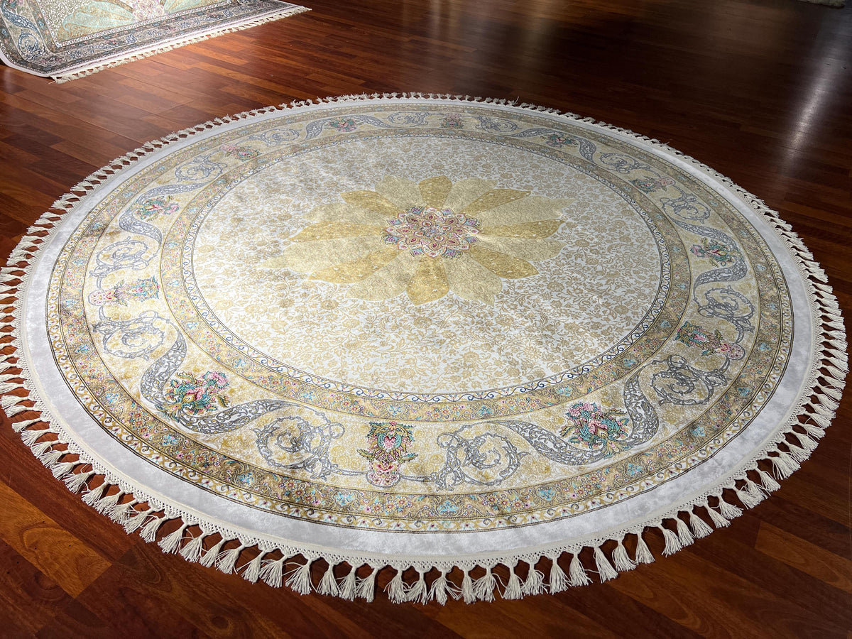 5x5ft Beige Gold Round Silk Rug, Circle Rug 5x5, Floral Medallion Rug, Luxury Silk Rug, Turkish Round Rug, Home Decor Rug