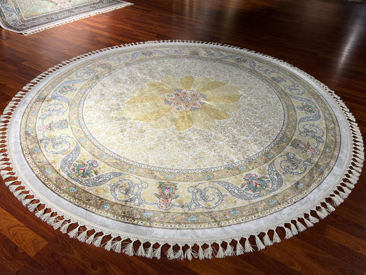 5x5ft Beige Gold Round Silk Rug, Circle Rug 5x5, Floral Medallion Rug, Luxury Silk Rug, Turkish Round Rug, Home Decor Rug