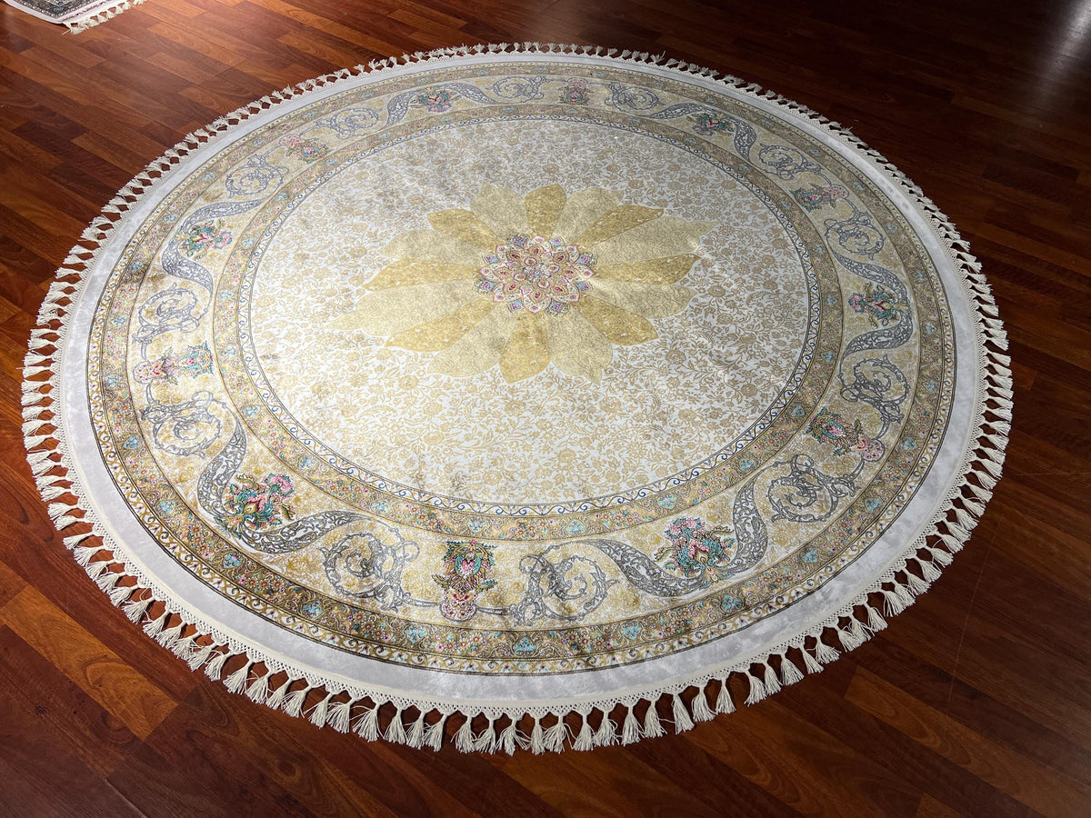 5x5ft Beige Gold Round Silk Rug, Circle Rug 5x5, Floral Medallion Rug, Luxury Silk Rug, Turkish Round Rug, Home Decor Rug