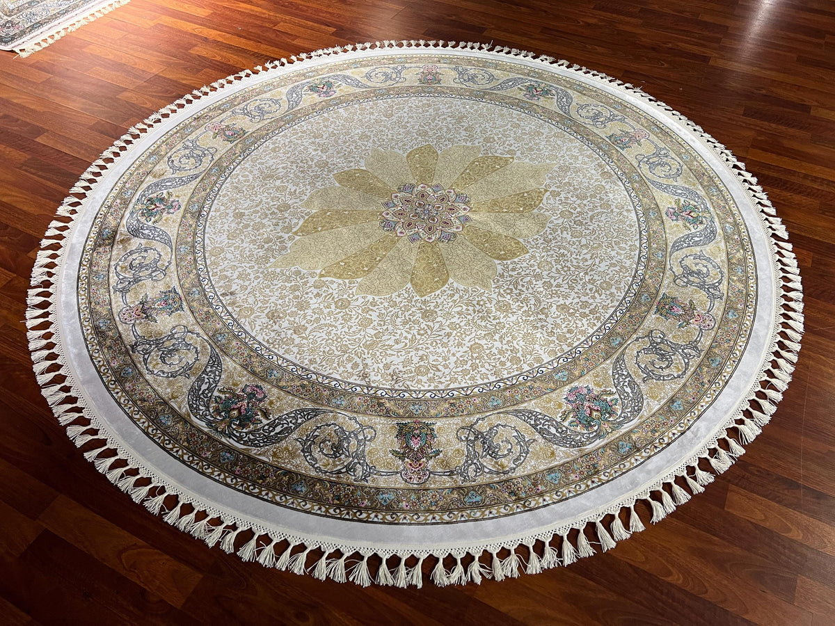 5x5ft Beige Gold Round Silk Rug, Circle Rug 5x5, Floral Medallion Rug, Luxury Silk Rug, Turkish Round Rug, Home Decor Rug