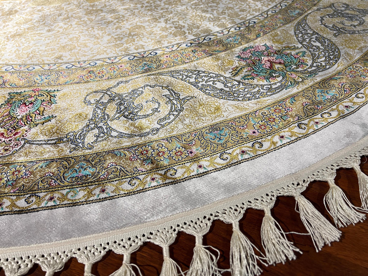5x5ft Beige Gold Round Silk Rug, Circle Rug 5x5, Floral Medallion Rug, Luxury Silk Rug, Turkish Round Rug, Home Decor Rug