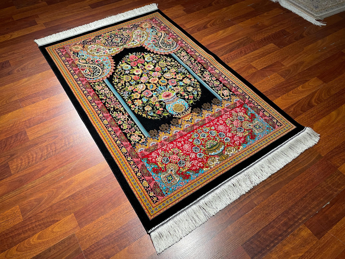 Modal Silk Sajjadeh Prayer Rug, Floral Mihrab Rug, Colorful Islamic Prayer Mat, Luxury Muslim Gift Rug