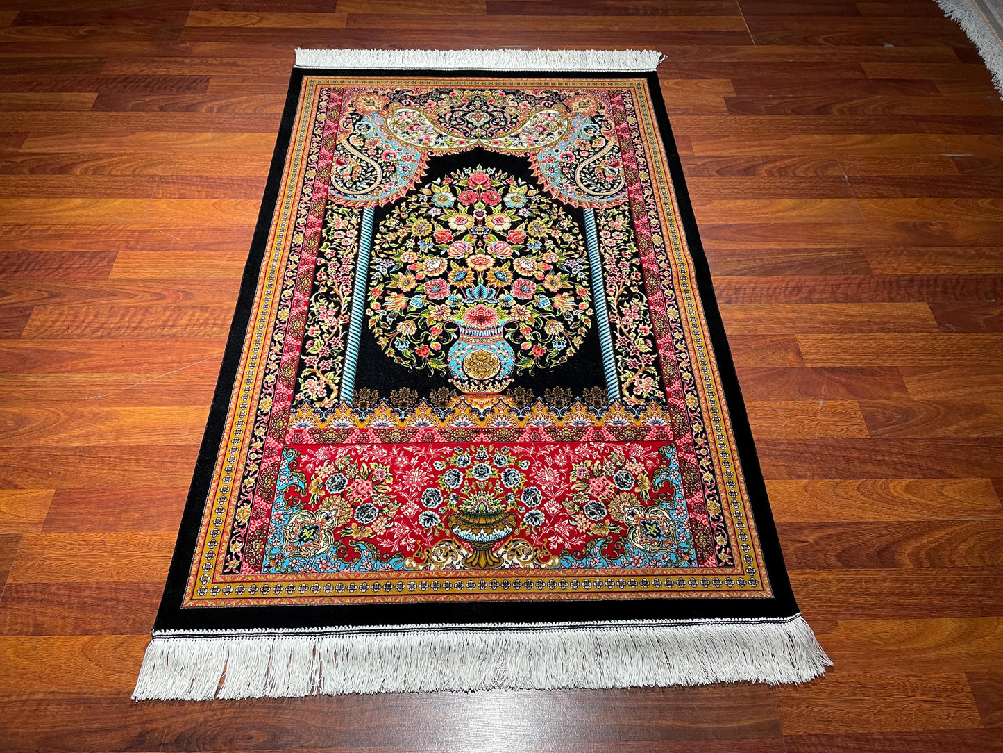 Modal Silk Sajjadeh Prayer Rug, Floral Mihrab Rug, Colorful Islamic Prayer Mat, Luxury Muslim Gift Rug