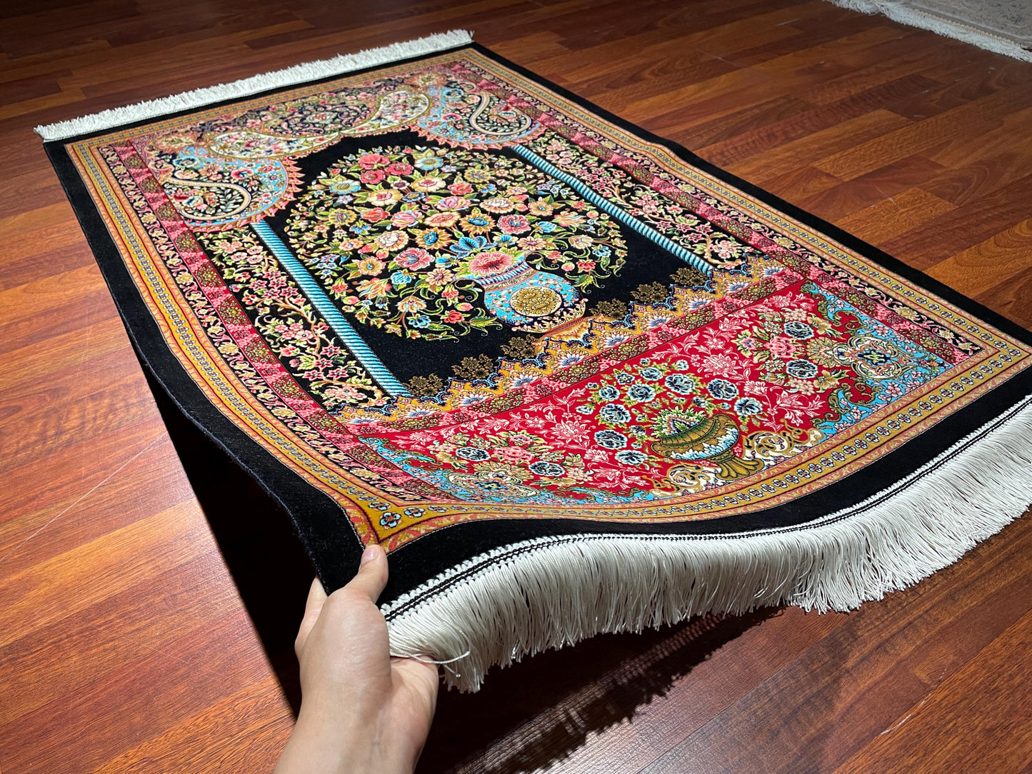 Modal Silk Sajjadeh Prayer Rug, Floral Mihrab Rug, Colorful Islamic Prayer Mat, Luxury Muslim Gift Rug