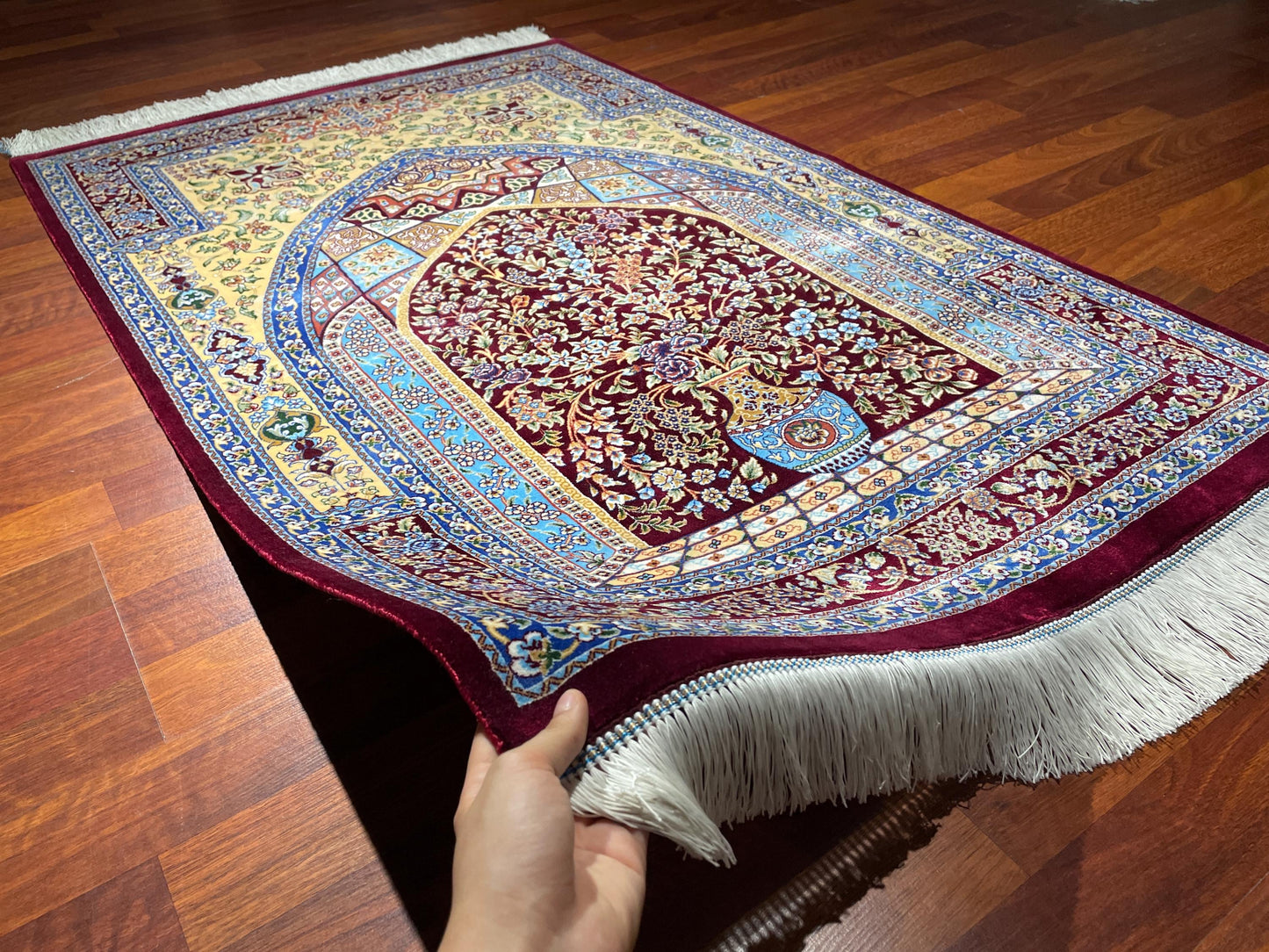 Modal Silk Sajjadeh Prayer Rug, Floral Mihrab Rug, Burgundy Blue Islamic Prayer Mat, Luxury Muslim Gift Rug