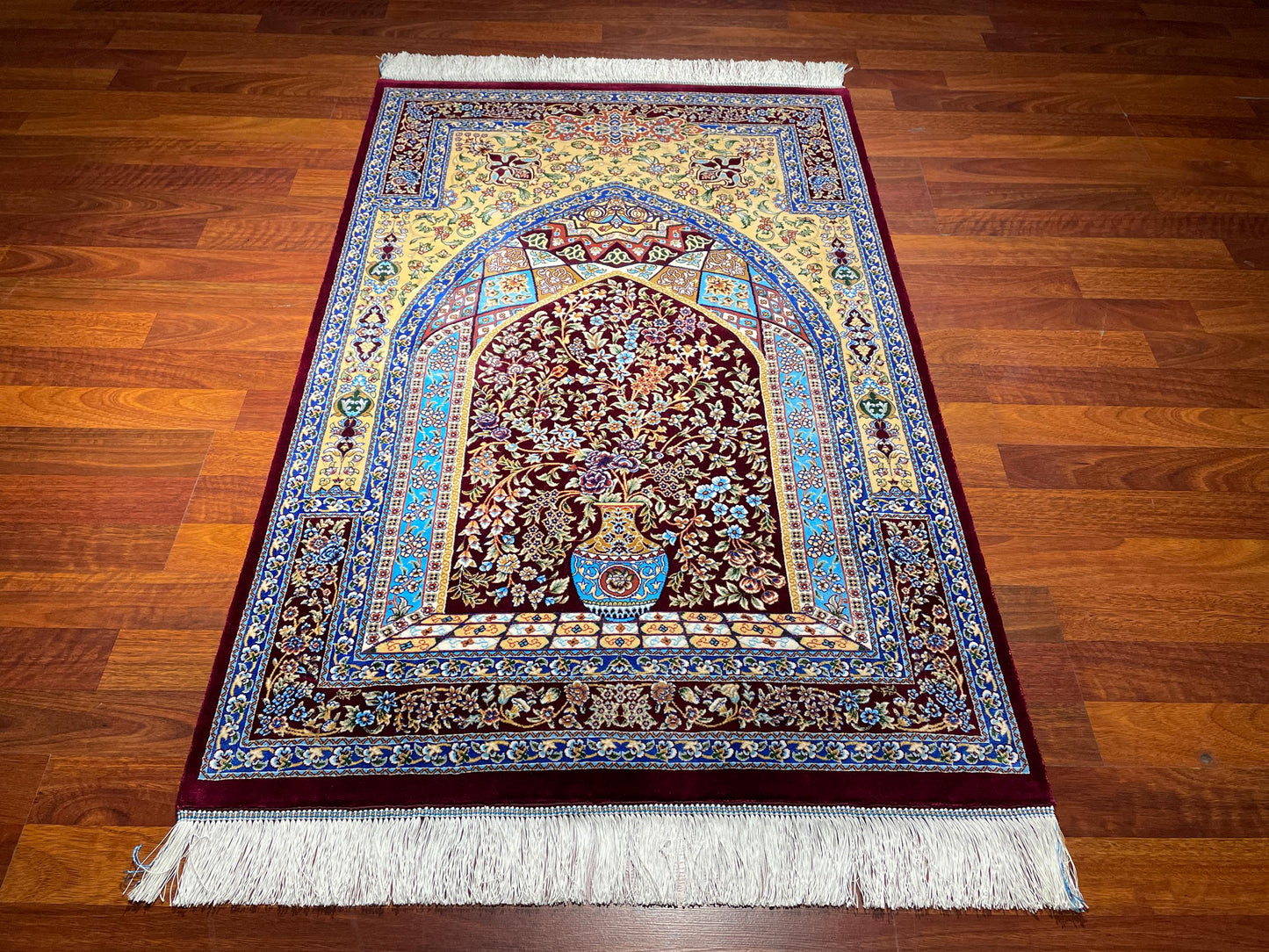 Modal Silk Sajjadeh Prayer Rug, Floral Mihrab Rug, Burgundy Blue Islamic Prayer Mat, Luxury Muslim Gift Rug