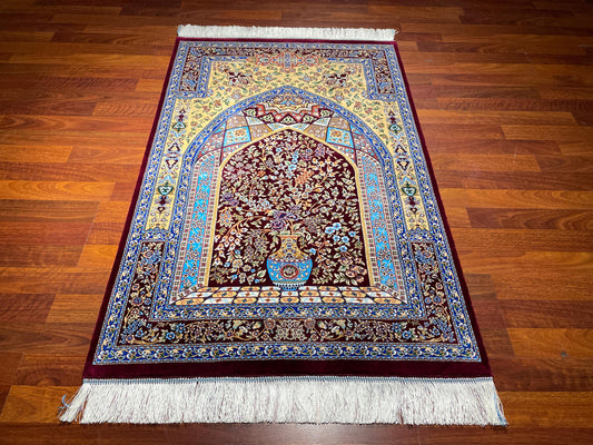 Modal Silk Sajjadeh Prayer Rug, Floral Mihrab Rug, Burgundy Blue Islamic Prayer Mat, Luxury Muslim Gift Rug
