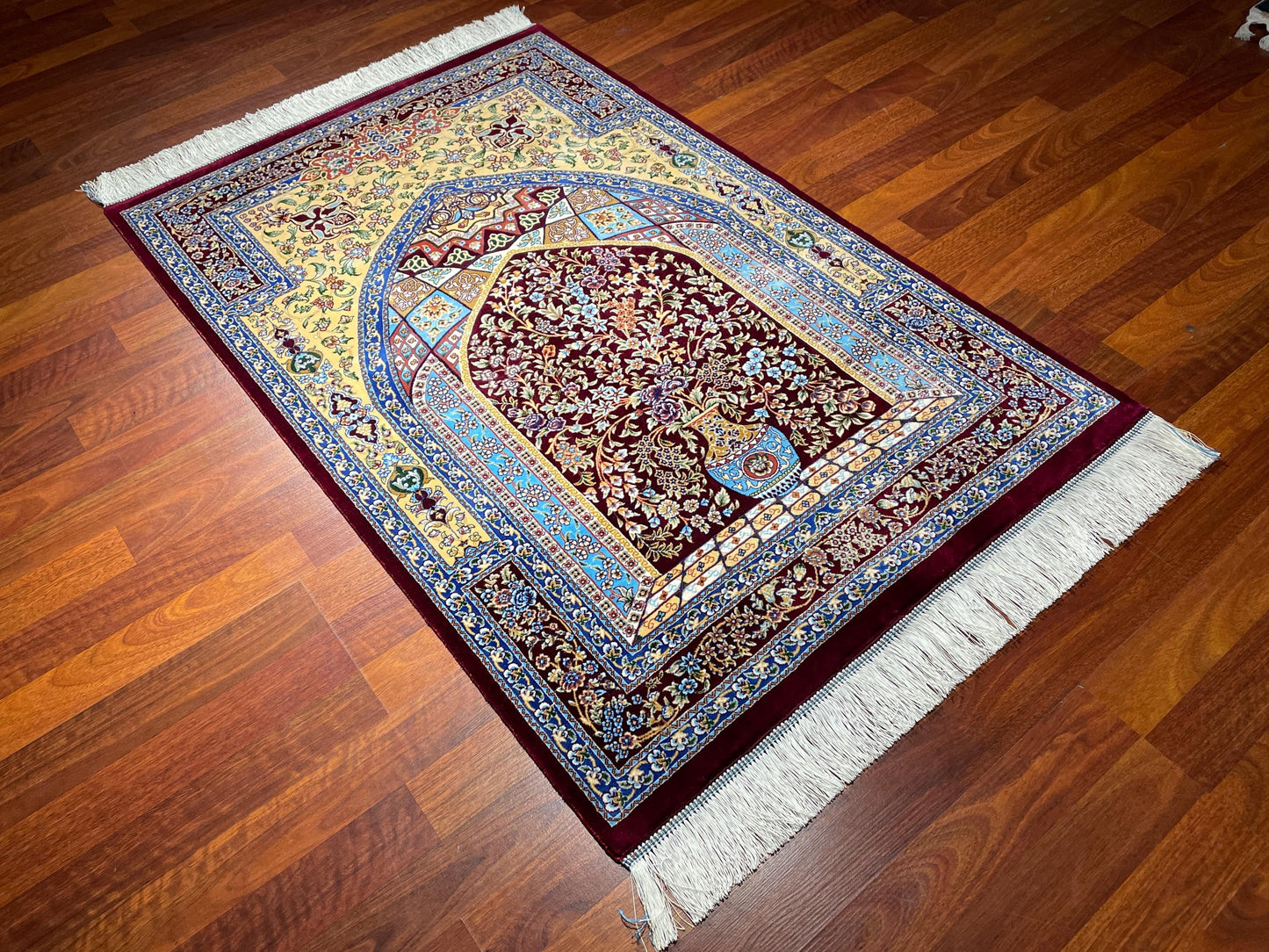 Modal Silk Sajjadeh Prayer Rug, Floral Mihrab Rug, Burgundy Blue Islamic Prayer Mat, Luxury Muslim Gift Rug