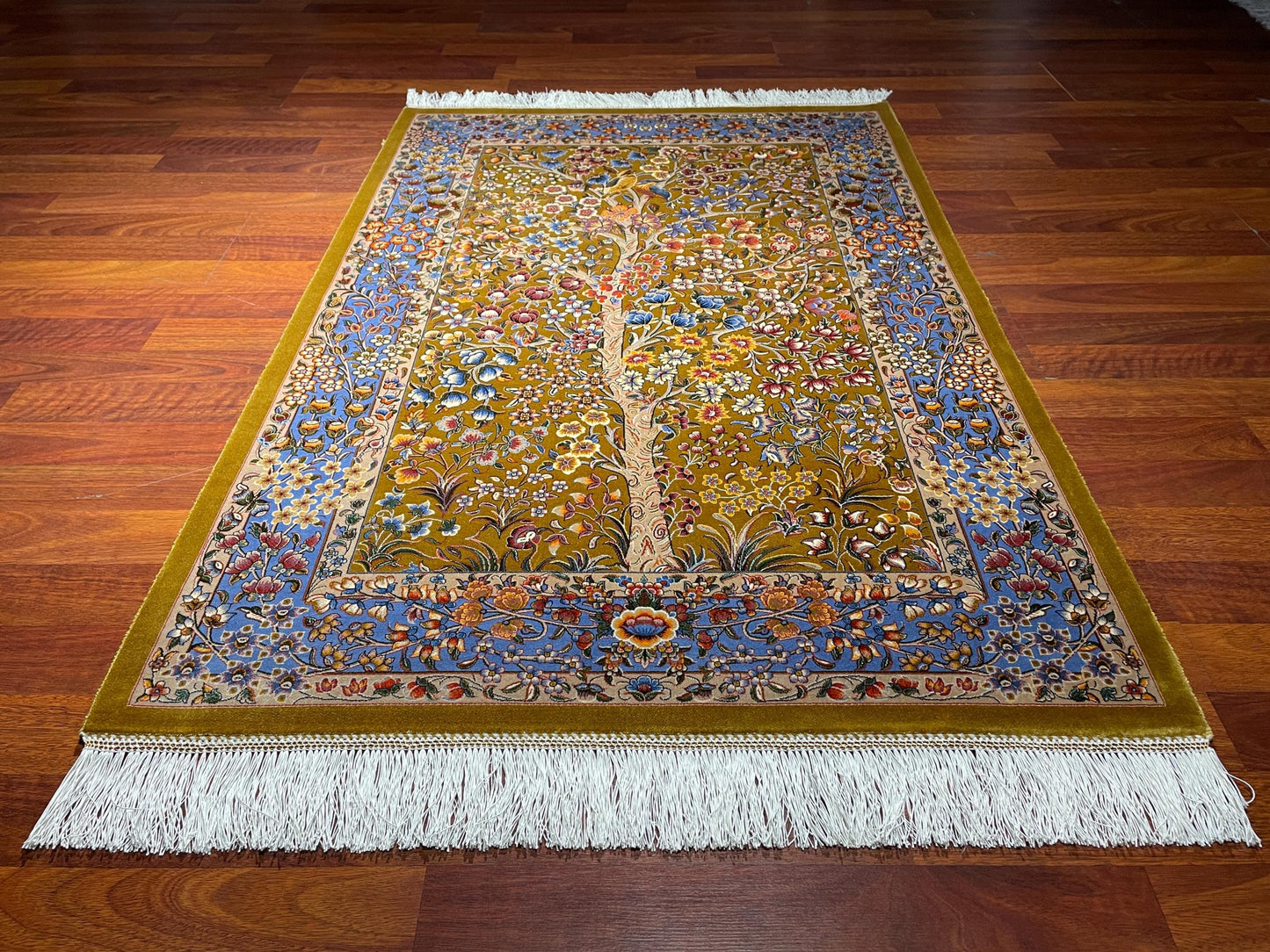 2.6x4 Floral Tree Modal Silk Rug, Tree of Life Accent Rug, Small Luxury Area Rug, Botanical Gift Rug