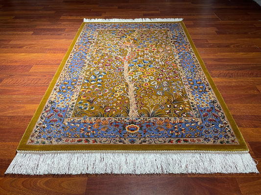 2.6x4 Floral Tree Modal Silk Rug, Tree of Life Accent Rug, Small Luxury Area Rug, Botanical Gift Rug