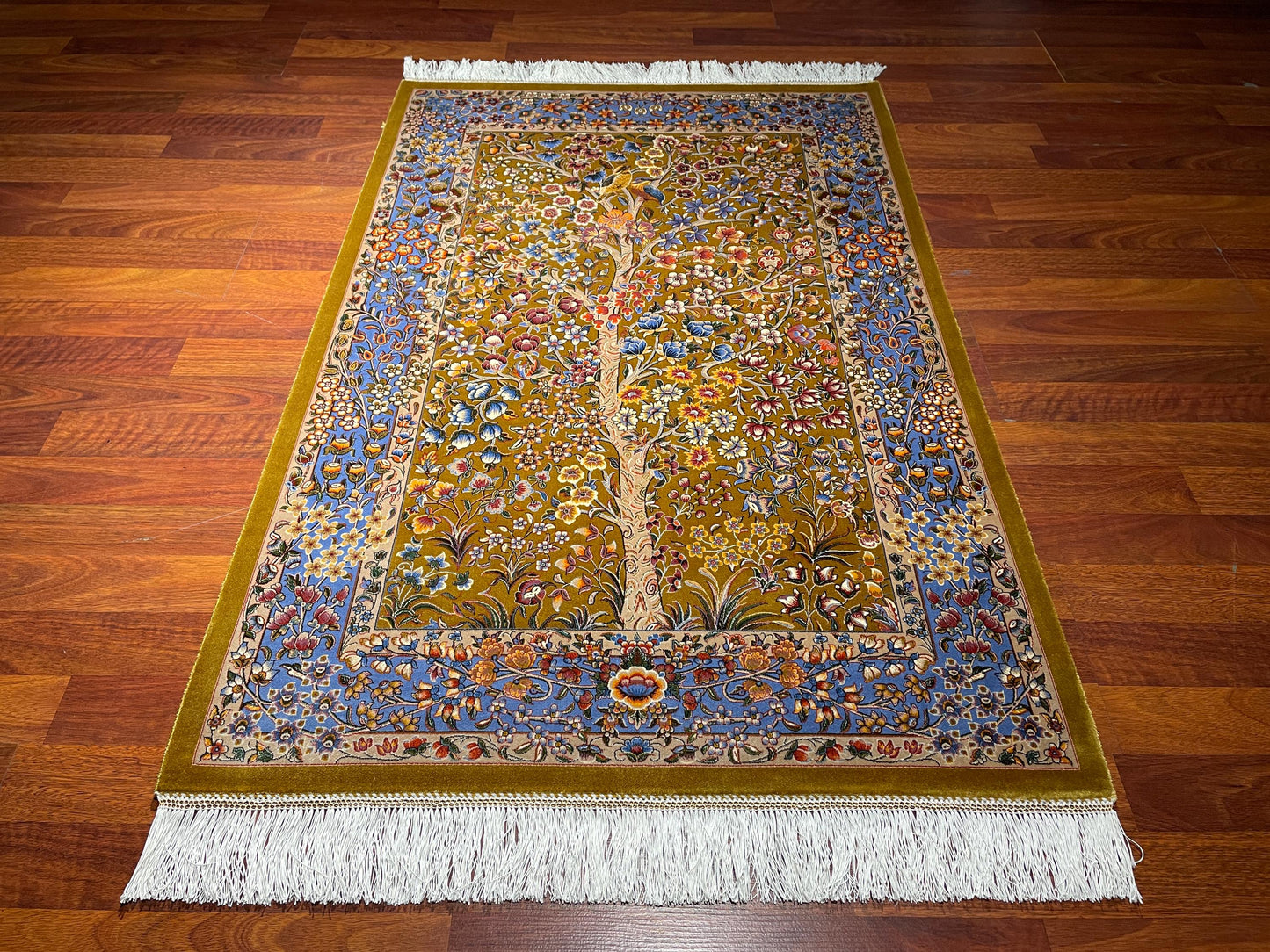 2.6x4 Floral Tree Modal Silk Rug, Tree of Life Accent Rug, Small Luxury Area Rug, Botanical Gift Rug