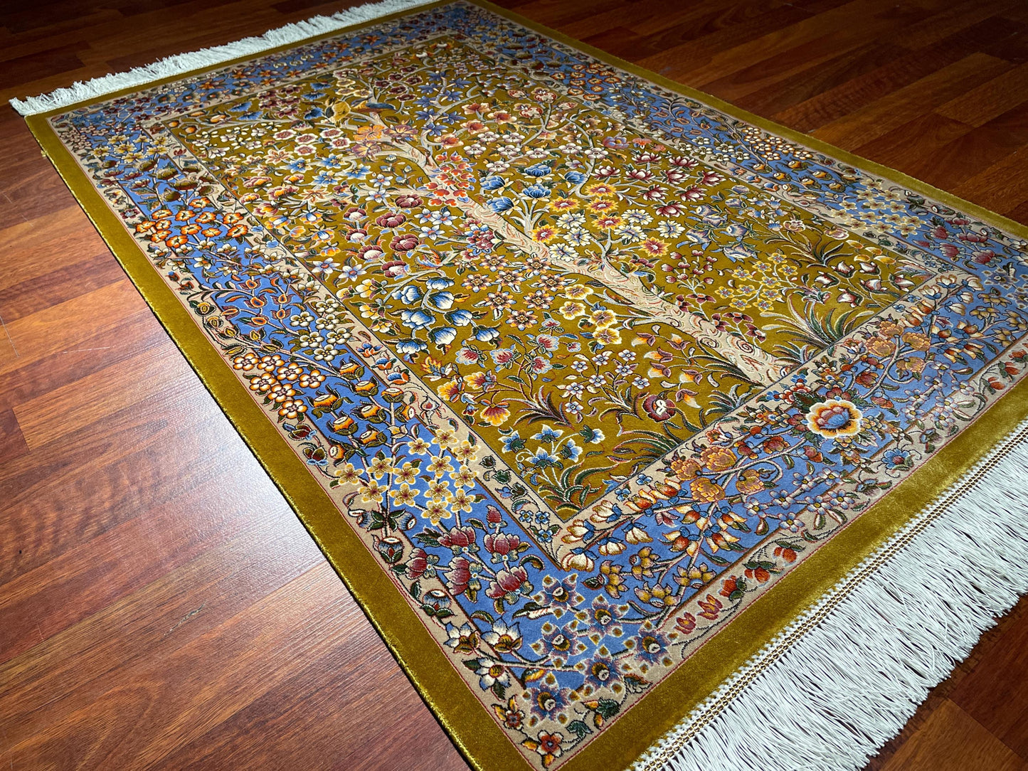 2.6x4 Floral Tree Modal Silk Rug, Tree of Life Accent Rug, Small Luxury Area Rug, Botanical Gift Rug