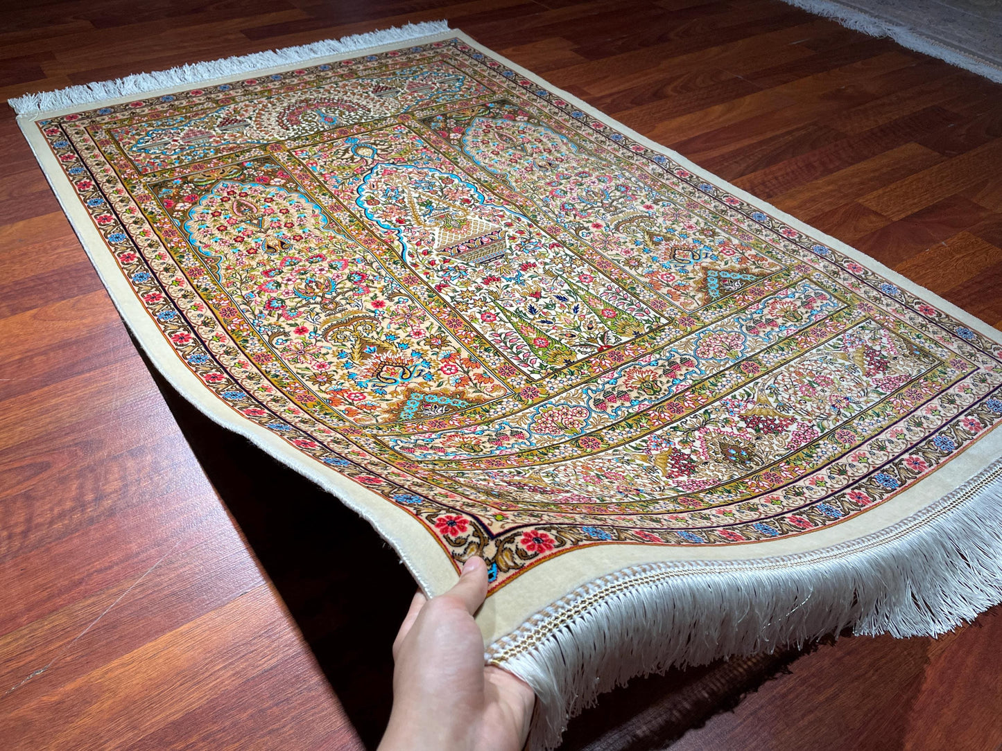2.6x4 Floral Garden Sajjadah, Modal Silk Prayer Rug, Luxury Islamic Prayer Mat, Decorative Prayer Rug