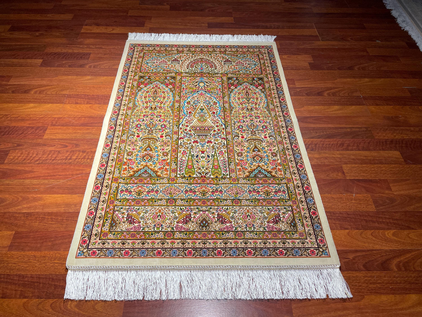 2.6x4 Floral Garden Sajjadah, Modal Silk Prayer Rug, Luxury Islamic Prayer Mat, Decorative Prayer Rug