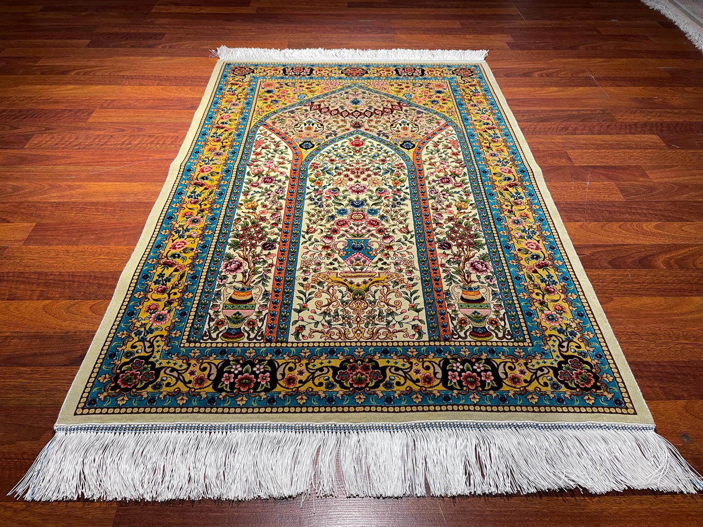2.6x4 Floral Mihrab Sajjadah, Modal Silk Prayer Rug, Luxury Islamic Prayer Mat, Colorful Prayer Rug