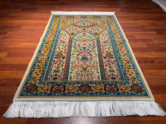 2.6x4 Floral Mihrab Sajjadah, Modal Silk Prayer Rug, Luxury Islamic Prayer Mat, Colorful Prayer Rug