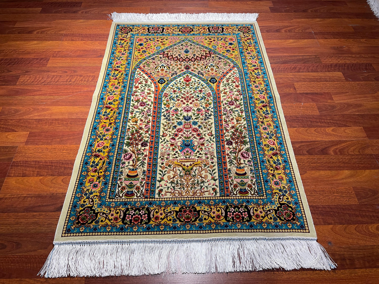 2.6x4 Floral Mihrab Sajjadah, Modal Silk Prayer Rug, Luxury Islamic Prayer Mat, Colorful Prayer Rug