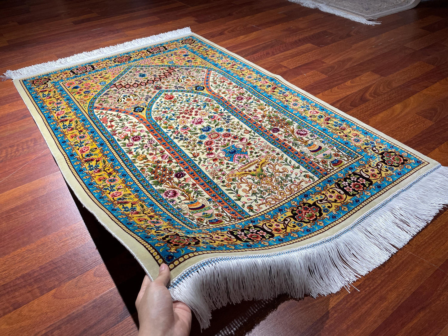 2.6x4 Floral Mihrab Sajjadah, Modal Silk Prayer Rug, Luxury Islamic Prayer Mat, Colorful Prayer Rug