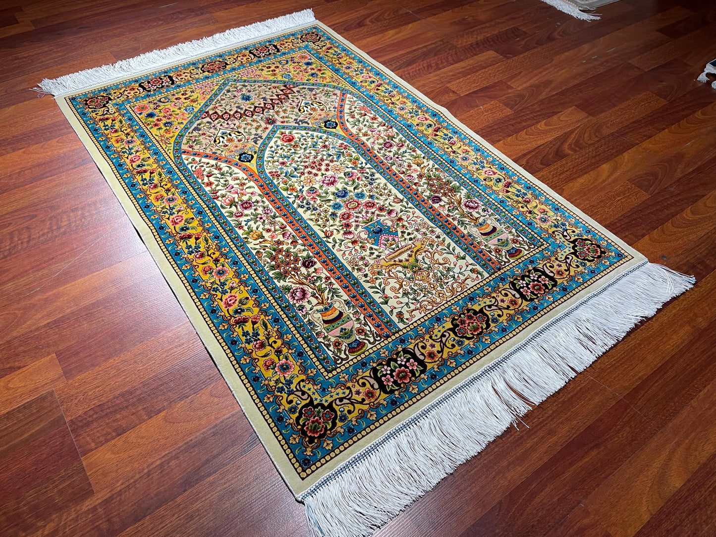 2.6x4 Floral Mihrab Sajjadah, Modal Silk Prayer Rug, Luxury Islamic Prayer Mat, Colorful Prayer Rug