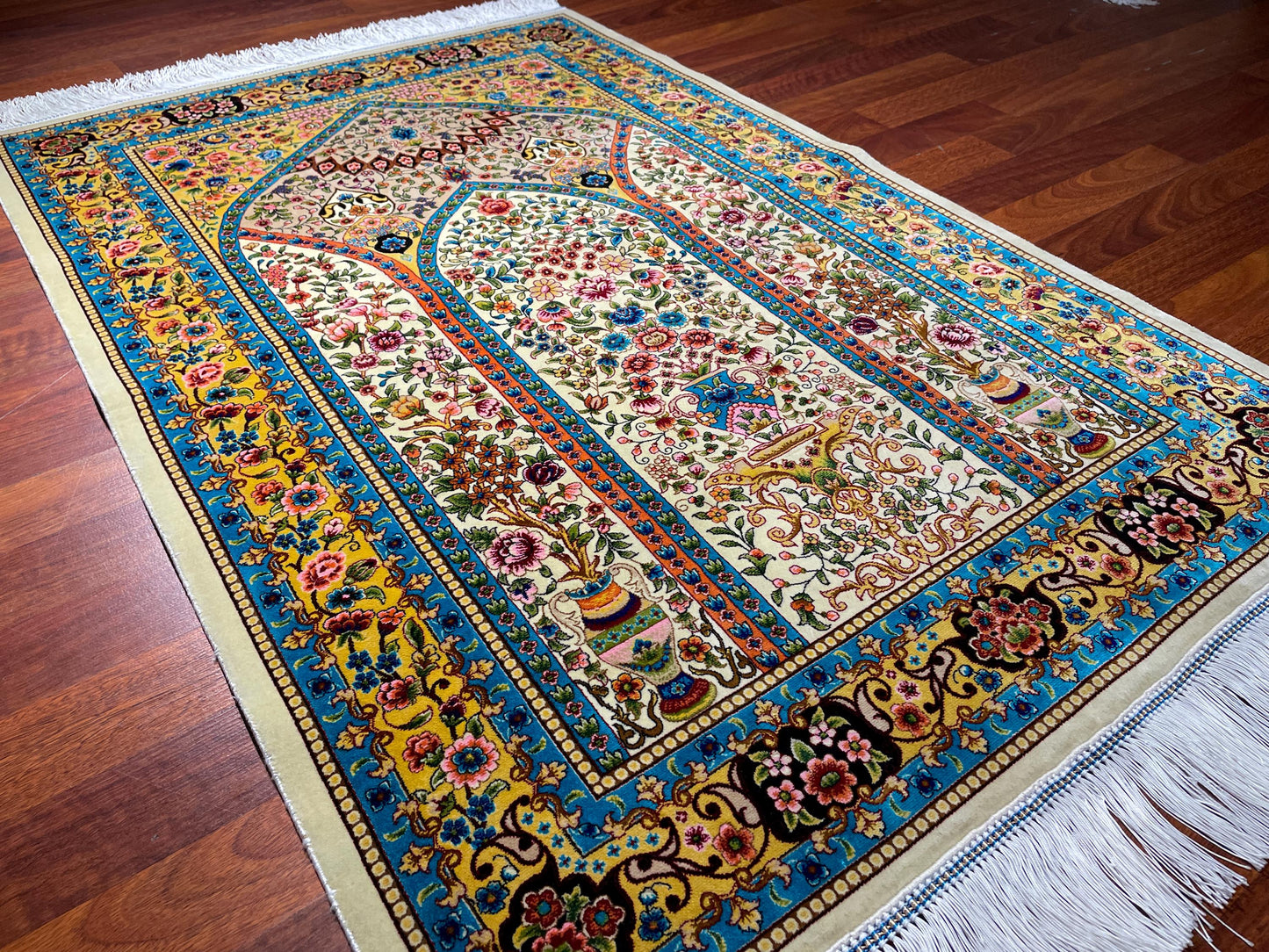 2.6x4 Floral Mihrab Sajjadah, Modal Silk Prayer Rug, Luxury Islamic Prayer Mat, Colorful Prayer Rug