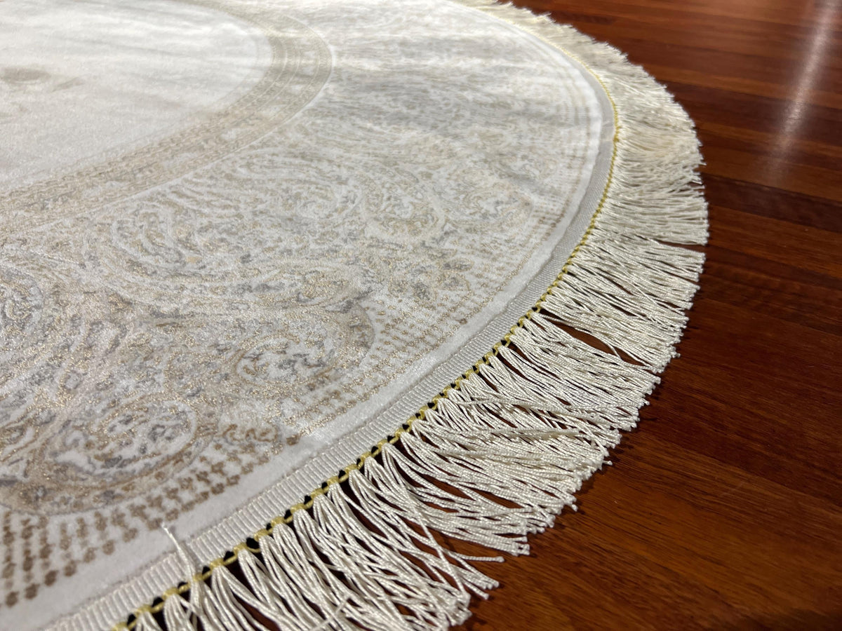 5x5ft Elegant Round Rug, Ivory Beige Circle Rug, Vintage Medallion Rug, Modal Silk Area Rug
