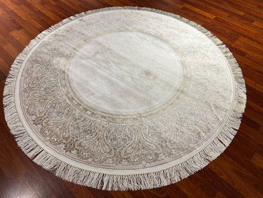 5x5ft Elegant Round Rug, Ivory Beige Circle Rug, Vintage Medallion Rug, Modal Silk Area Rug