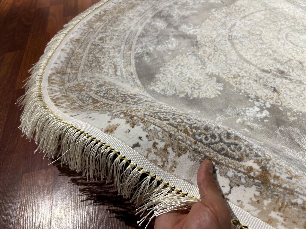 5x5ft Elegant Round Rug, Ivory Beige Circle Rug, Vintage Medallion Rug, Silk Circle Area Rug