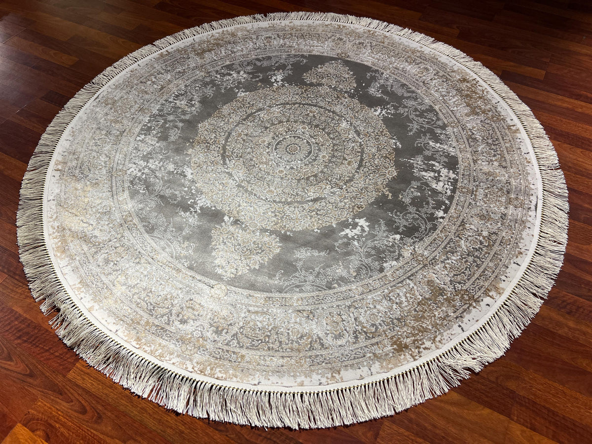 5x5ft Elegant Round Rug, Ivory Beige Circle Rug, Vintage Medallion Rug, Silk Circle Area Rug