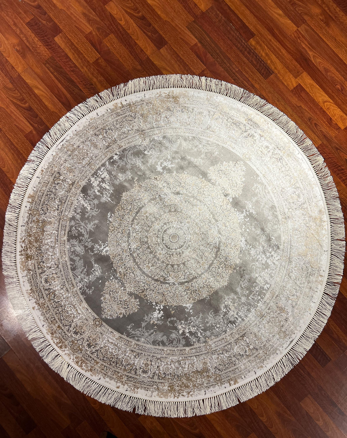 5x5ft Elegant Round Rug, Ivory Beige Circle Rug, Vintage Medallion Rug, Silk Circle Area Rug
