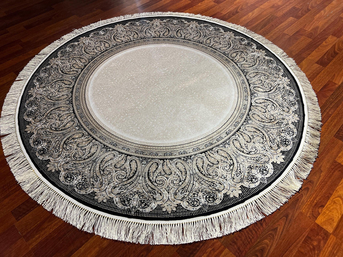 5x5ft Baroque Round Rug, Ivory Black Circle Rug, Vintage Medallion Rug, Silk Circle Area Rug