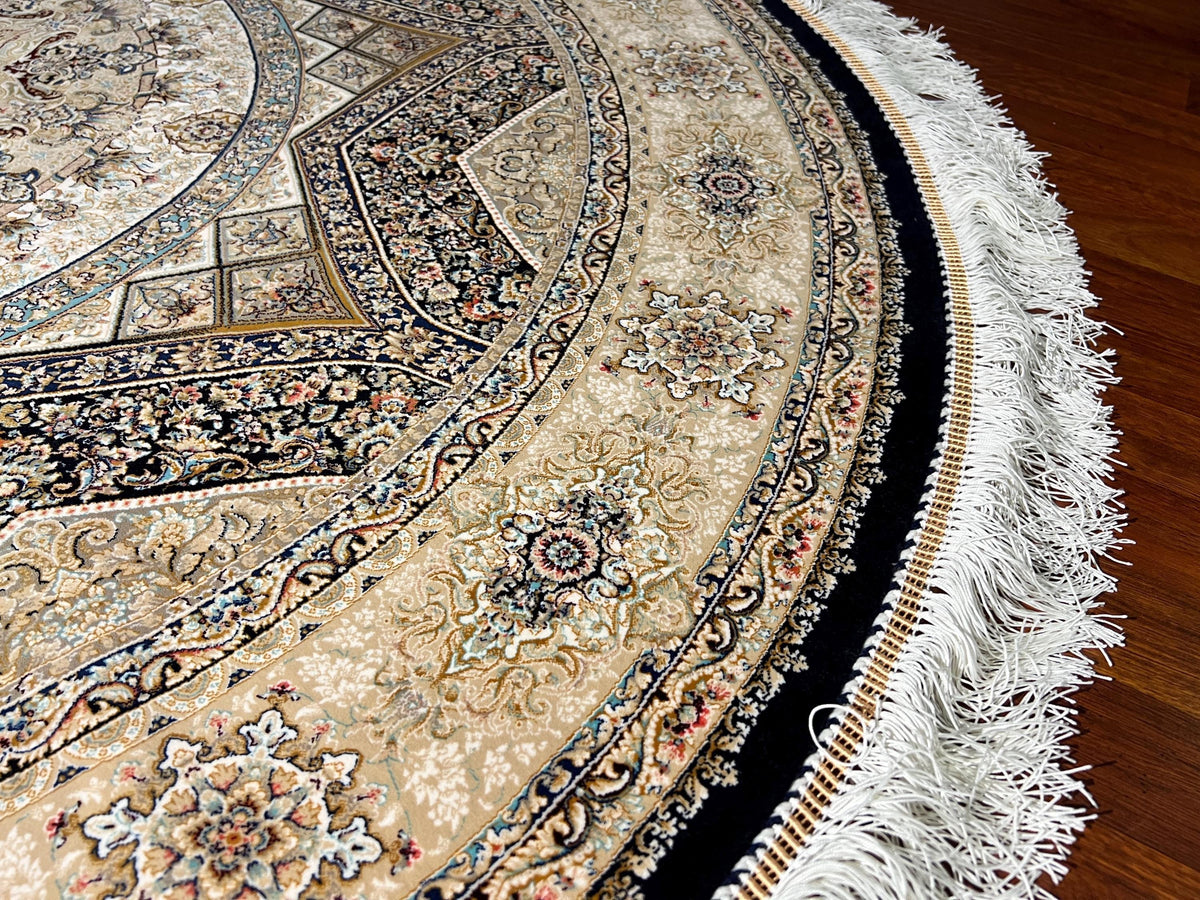 5x5ft Gold Round Rug, Beige Black Circle Rug, Classic Medallion Rug, Silk Circle Area Rug