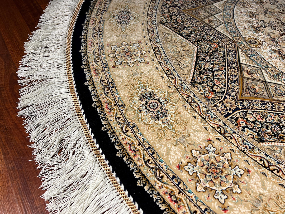5x5ft Gold Round Rug, Beige Black Circle Rug, Classic Medallion Rug, Silk Circle Area Rug