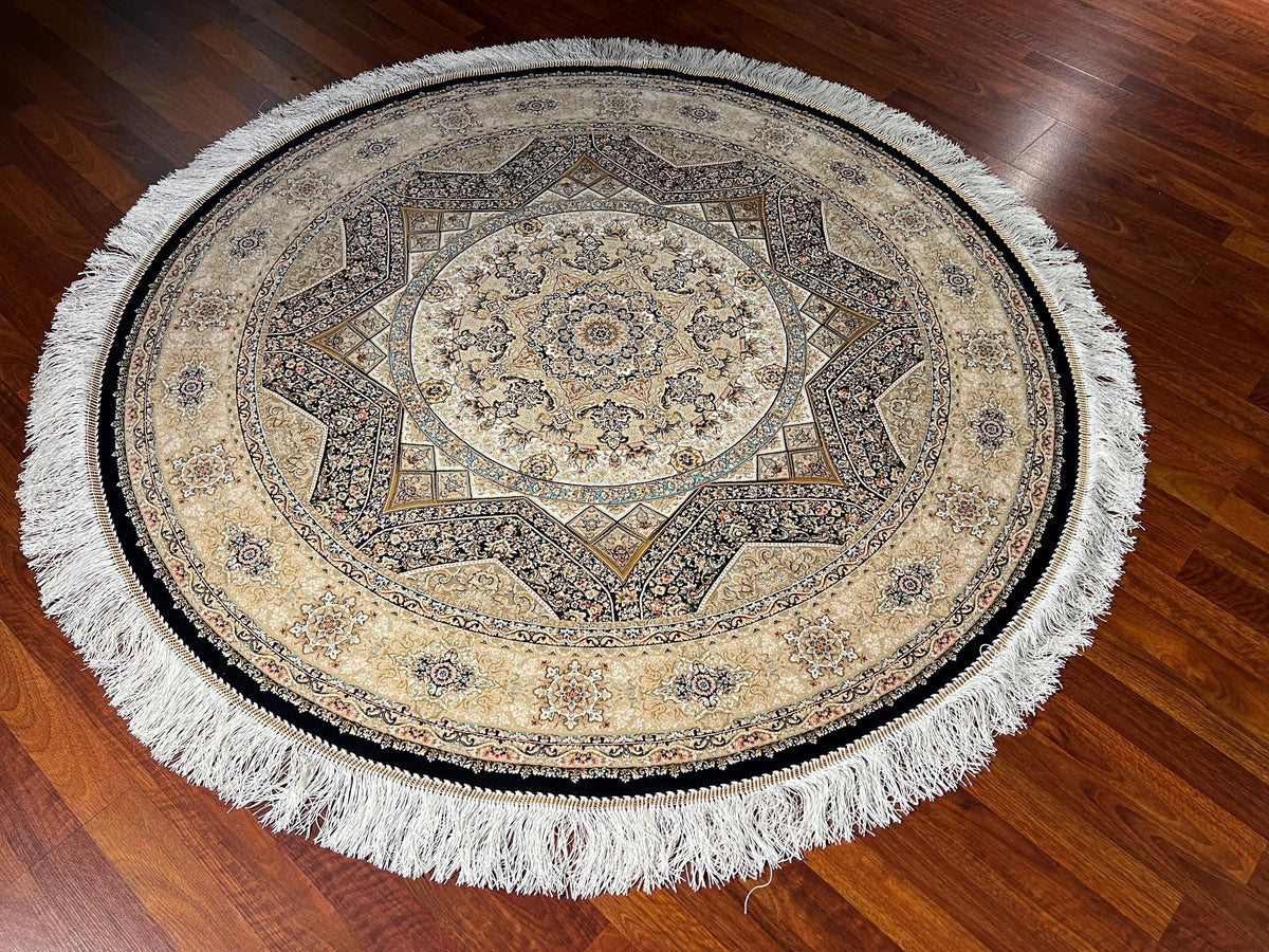 5x5ft Gold Round Rug, Beige Black Circle Rug, Classic Medallion Rug, Silk Circle Area Rug