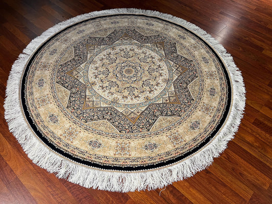 5x5ft Gold Round Rug, Beige Black Circle Rug, Classic Medallion Rug, Silk Circle Area Rug