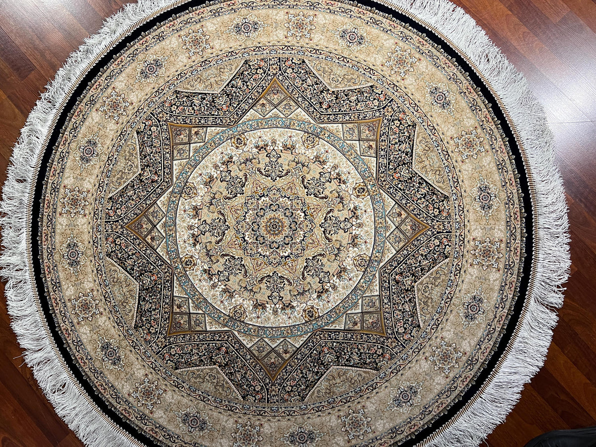 5x5ft Gold Round Rug, Beige Black Circle Rug, Classic Medallion Rug, Silk Circle Area Rug