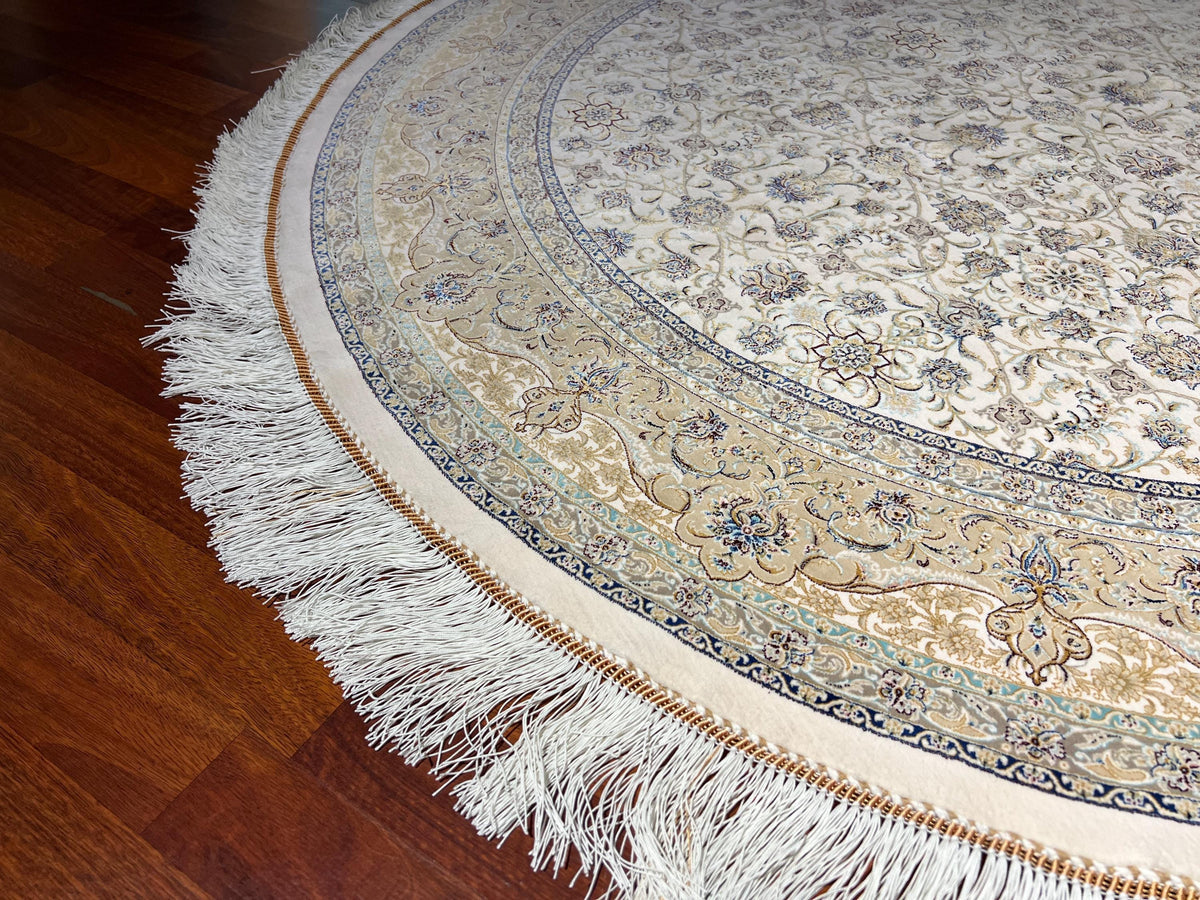 5x5ft Ivory Round Rug, Beige Floral Circle Rug, Modal Silk Rug, Luxury Living Room Rug
