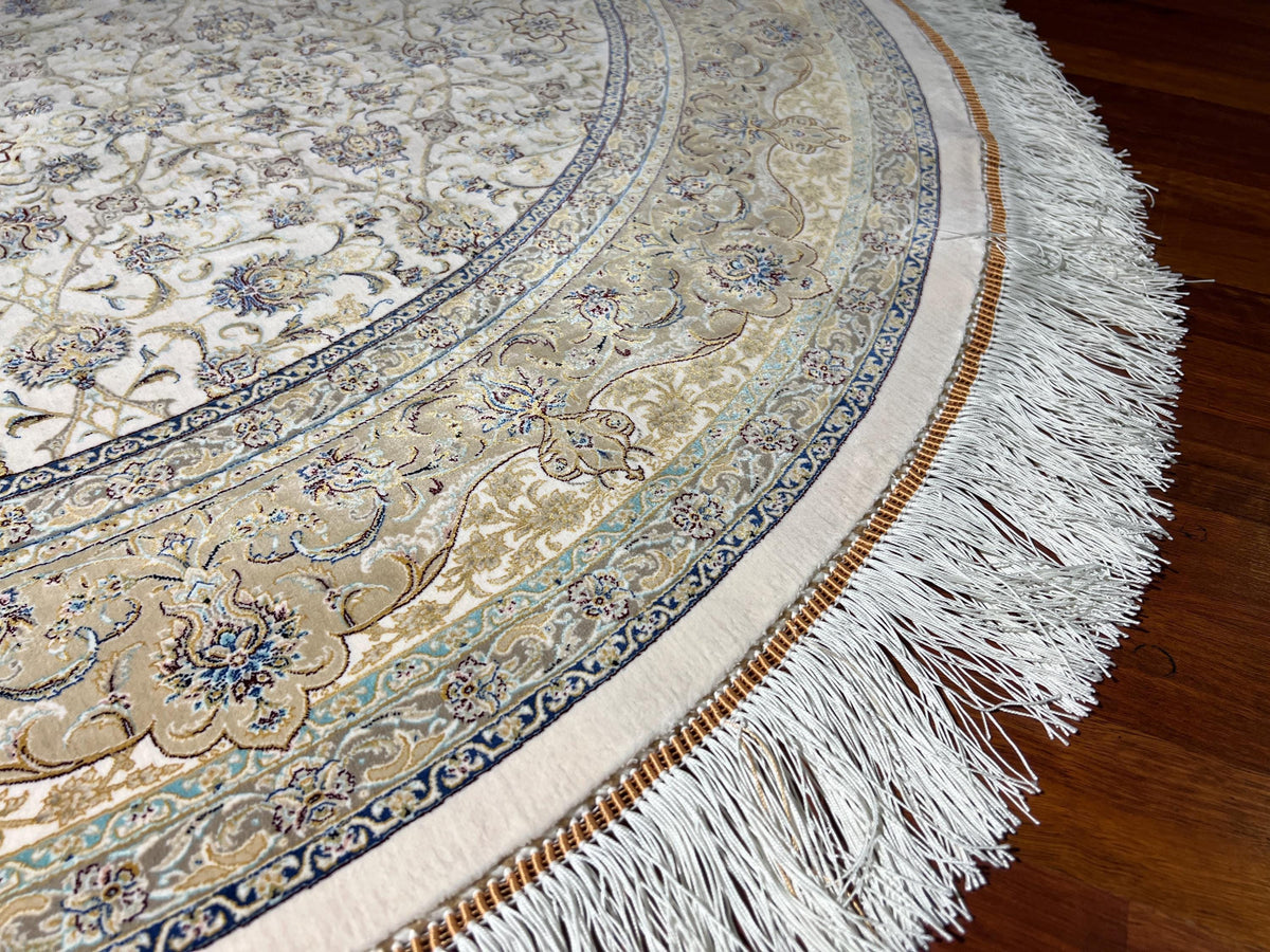 5x5ft Ivory Round Rug, Beige Floral Circle Rug, Modal Silk Rug, Luxury Living Room Rug