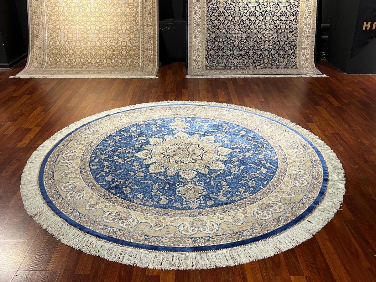 5X5ft Blue Beige Round Rug, Navy Circle Rug, Floral Medallion Rug, Silk Round Area Rug, Luxury Decor