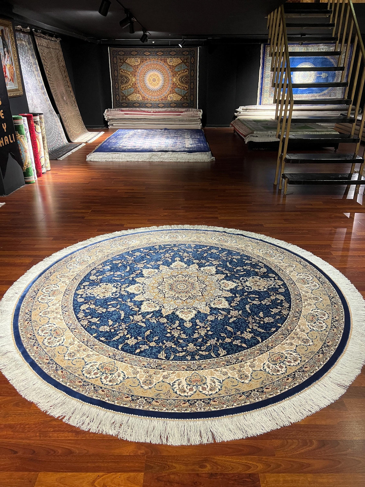 5X5ft Blue Beige Round Rug, Navy Circle Rug, Floral Medallion Rug, Silk Round Area Rug, Luxury Decor
