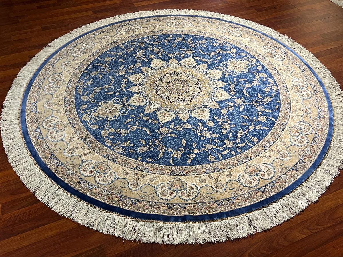 5X5ft Blue Beige Round Rug, Navy Circle Rug, Floral Medallion Rug, Silk Round Area Rug, Luxury Decor
