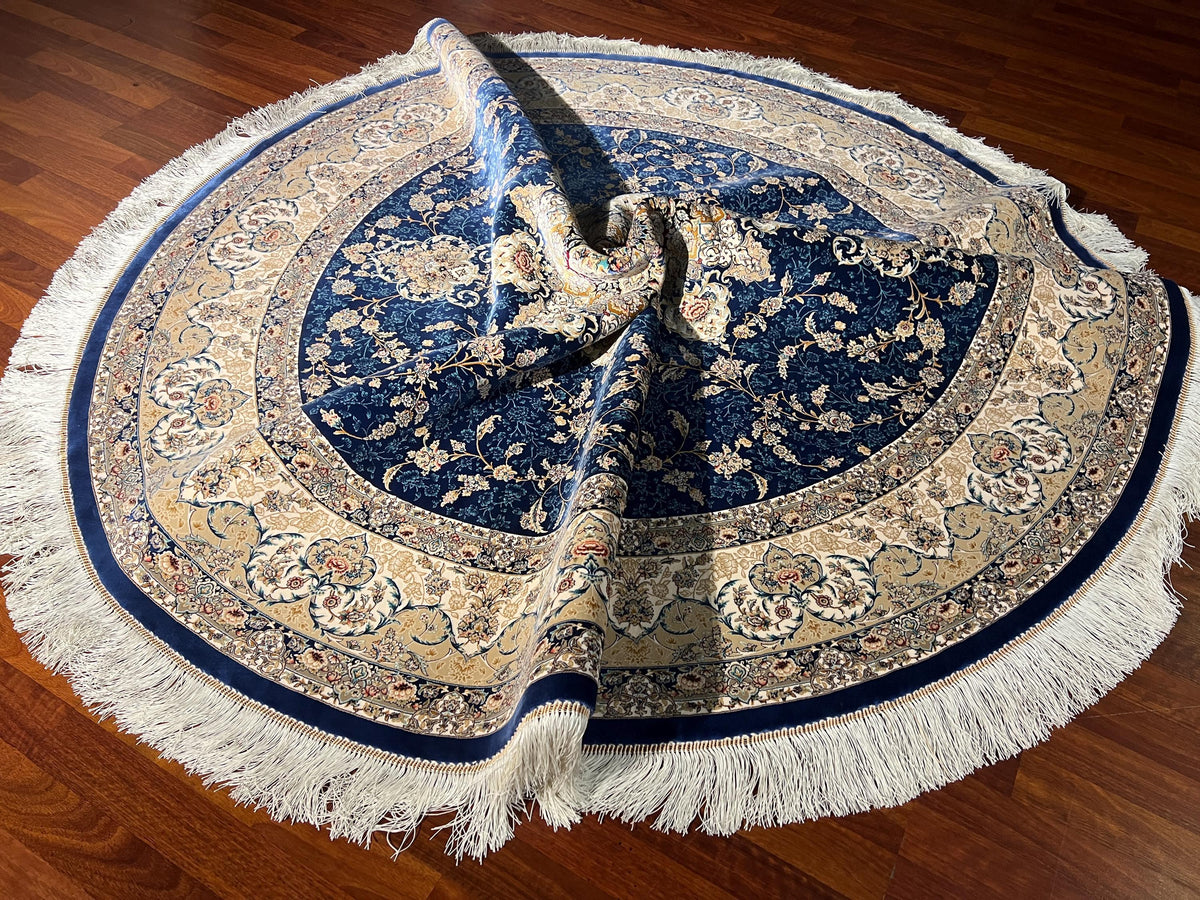 5X5ft Blue Beige Round Rug, Navy Circle Rug, Floral Medallion Rug, Silk Round Area Rug, Luxury Decor