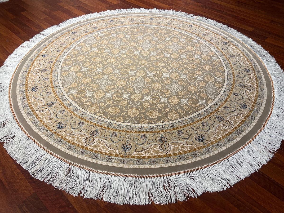 5x5ft Ivory Beige Round Rug, Floral Circle Rug, Modal Silk Rug, Luxury Area Rug, Living Room Decor